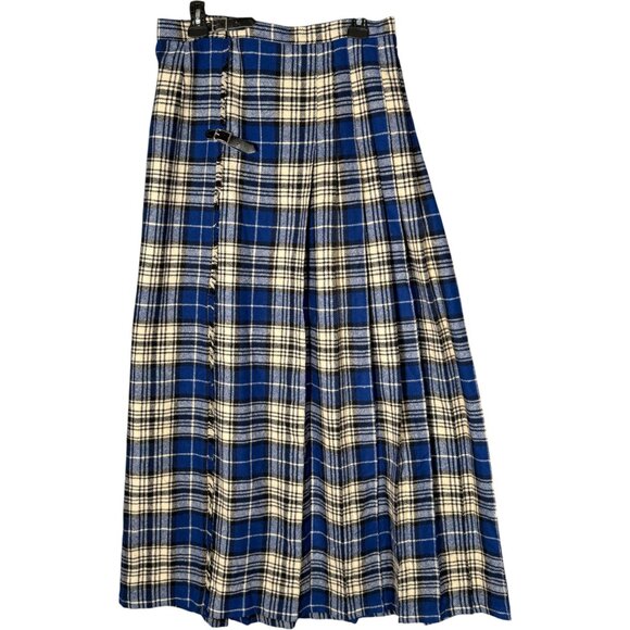Vintage Dresses & Skirts - Vintage 100% Wool Blue Plaid Pleated Maxi Wrap Skirt Academia M